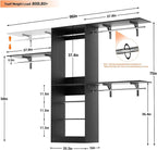 Armocity 96'' Closet System, 8FT Walk In Closet Organizer with 3 Shelving Towers, Heavy Duty Bedroom Wardrobe with 5 Shelves, Wall Mounted Clothes Rack (Can Be Cut To Fit), 96"L x 16"W x 75"H, Black