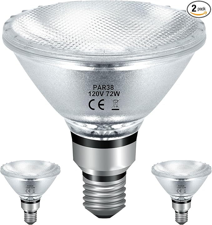 Halogen PAR38 Flood Light Bulbs 72W 120V, Dimmable Par38 Halogen Light E26 Base Bulbs Warm White 2800K 3420 Lumens for Indoor and Outdoor Floodlight, Reptile Heat Bulbs, 2-Pack