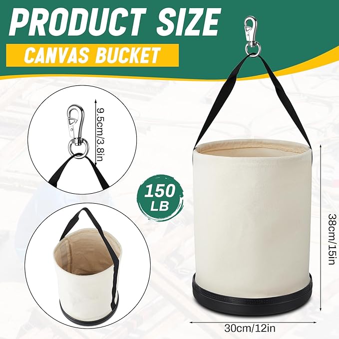 4 Pack Utility Canvas Tool Bucket 15" x 12" All Purpose Canvas Bucket Bag, Truck Tool Organizer with Plastic Bottom Metal Hook for Store Work Accessory, Load Capacity up to 150 Lbs (White)