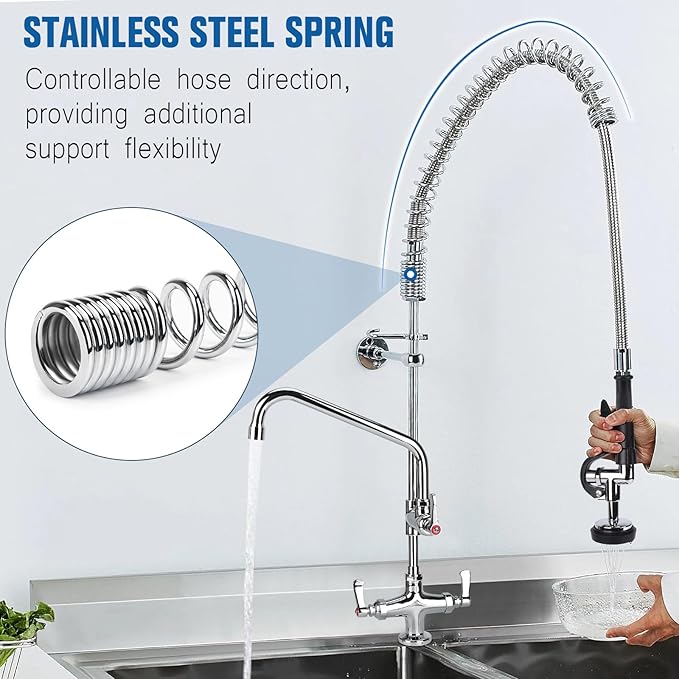 27" Height Commercial Sink Faucet Deck Mount with Pre-Rinse Sprayer, Commercial Kitchen Faucet with 10" Add-on Swing Spout Faucet & Spring Pull Down Sprayer, 8" Adjustable Center Kitchen Faucet