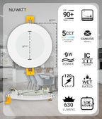 NUWATT 4 Inch Ultra Thin LED Recessed Lighting, 5CCT 2700K/3000K/3500K/4000K/5000K Selectable, 630LM, 9W, IC Rated, Dimmable Canless LED Wafer Light, White Trim, Metal Junction Box, ETL, 6 Pack
