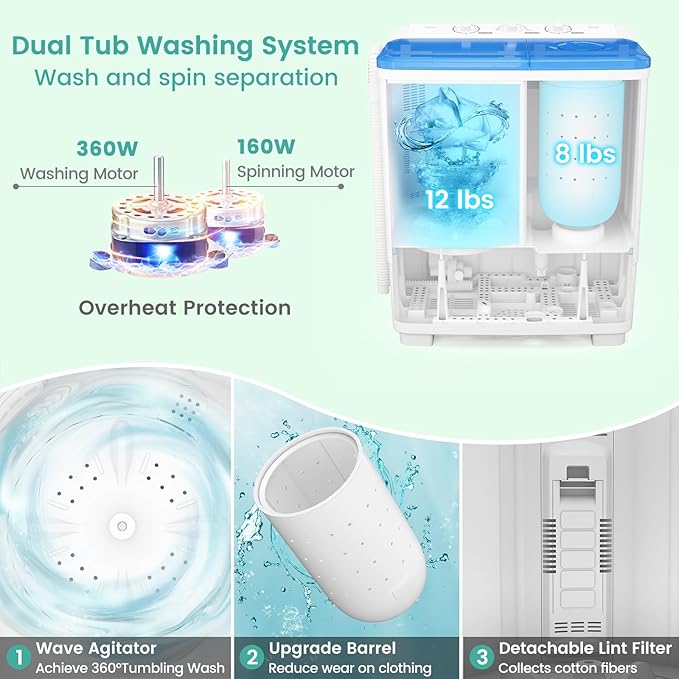 Auertech 20 Lbs Portable Washing Machine, Portable Washer for Apartment with 12 Lbs Washer, 8 Lbs Spinner, Mini Compact Top Load Washing Machine for RV Dorm
