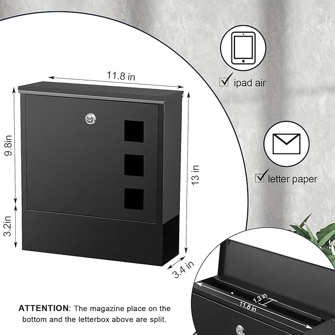 KYODOLED Locking Mailbox Wall Mount, Locked Mail Boxes, Mailbox with Key Lock for Outside, Large Capacity Drop Box for Newspapers, 13 x 3.4 x 11.8 Inch, Black