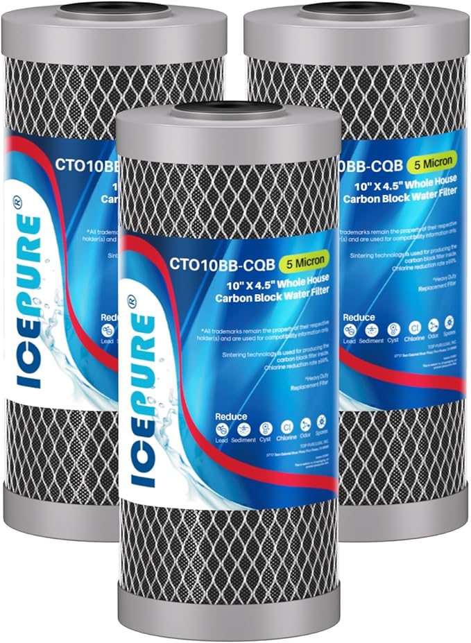 ICEPURE 5 Micron 4.5" x 10" CTO10BB-CQB Whole House Water Filter Upgraded Coconut Shell Activated Carbon Lead Removal Water Filter Replacement for Home, 3PACK