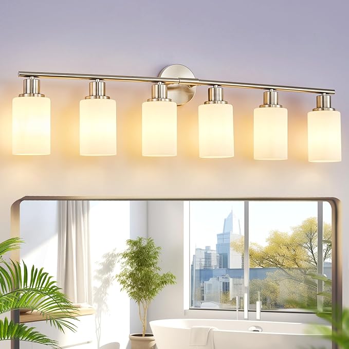 DLLT 6-Light Bathroom Light Fixtures: Nickel Modern Vanity Lights with E26 Bulbs - Milky White Glass Shade Bathroom Wall Lamp for Mirror Kitchen Living Room Hallway Cabinet Porch