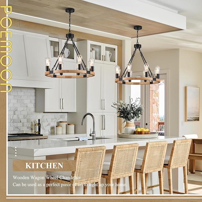 8 Lights Wooden Wagon Wheel Chandelier Natural Farmhouse 23.6'' Black Metal Light Fixtures Rustic Wood Round Chandelier for Living Dining Room Kitchen Entryway Foyer