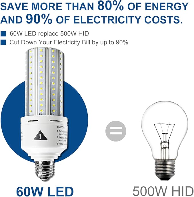 Mafuken 500W Equivalent LED Corn Light Bulb 7500 Lumen Led Bulbs 60W Super Bright 5000K Cool Daylight White E26/E27 Medium Base for Outdoor Indoor Workshop Garage Warehouse Factory Backyard… (A)