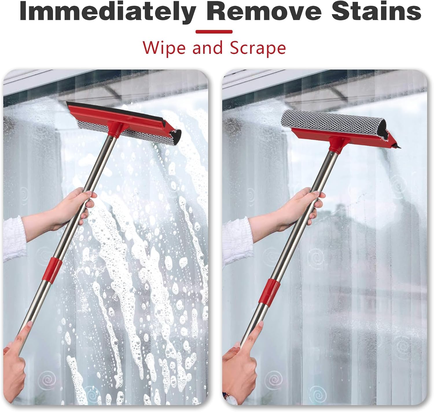 15.9" Window Squeegee for Car,2 in 1 Window Cleaner with Long Stainless Steel Handle,Sponge Car Squeegee for Gas Station, Glass,Shower,Outdoor High Window Cleaning