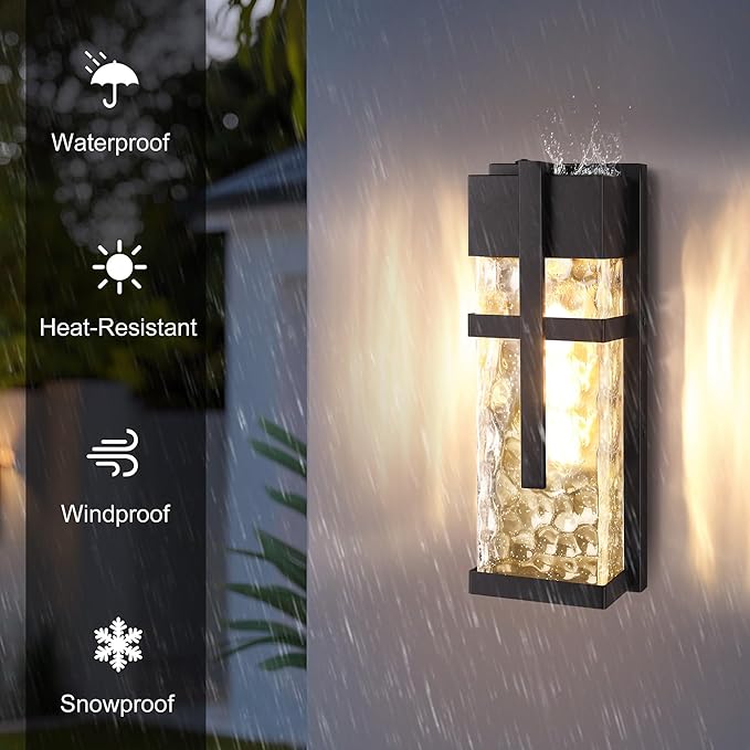 Hammered Glass Wall Lamp, Outdoor Light Fixtures, Exterior Wall Lantern for Porch with Waterproof, 2 Pack Wall Sconce Lighting, Wall Mount Light, Porch Light for Garage, Doorway, Patio(Bulb Included)
