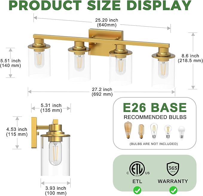 DORESshop 4-Light Vanity Light Fixtures, Gold Bathroom Light Fixtures Over Mirror with Clear Glass Shade, Modern Vanity Lights for Living Room Bedroom