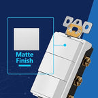 LIDER Matte Finish Lighted Triple Switch with Screwless Wall Plate, Combination Frameless Decorator Switch with Locator Light, Ground Terminal Single Pole, 15A 120V, UL Listed, White, 2 Pack