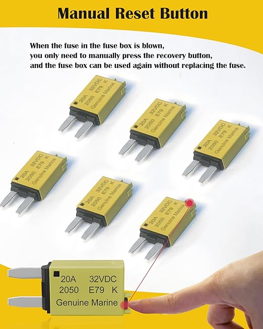 20A Low Profile Mini Fuse Kit– Automotive 20A ATM Manual Reset Circuit Breaker Fuses for Boat, RV, Car, Truck, DC 12V/32V 20 Amp Manual Resettable Blade Assortment Kit with Resettable Fuses