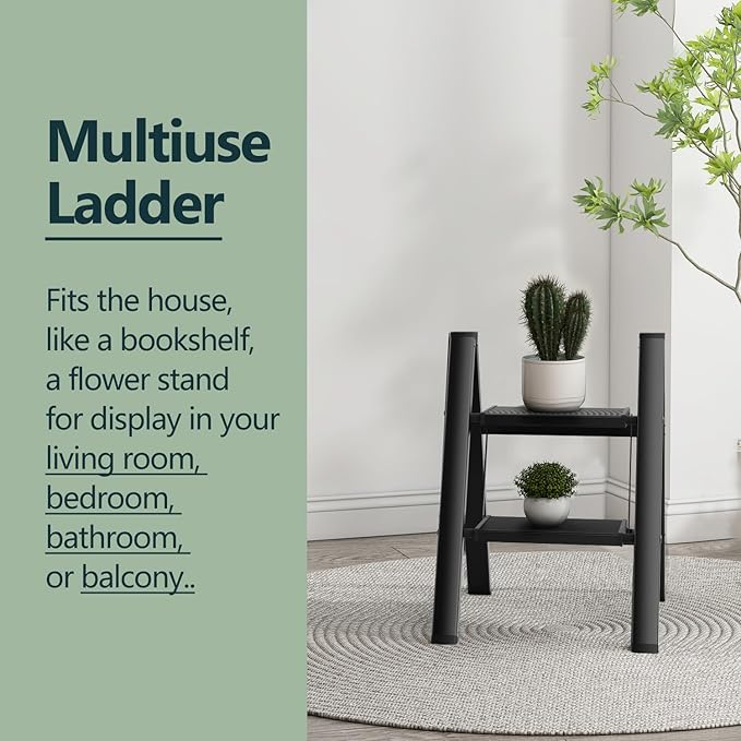 WOA WOA Step Ladder, Folding Step Stool with Widening Pedals, Portable Lightweight Home Ladder, Kitchen Stepladder, Easy to Store, Space Save 300 lbs Capacity (2 Step, Black)