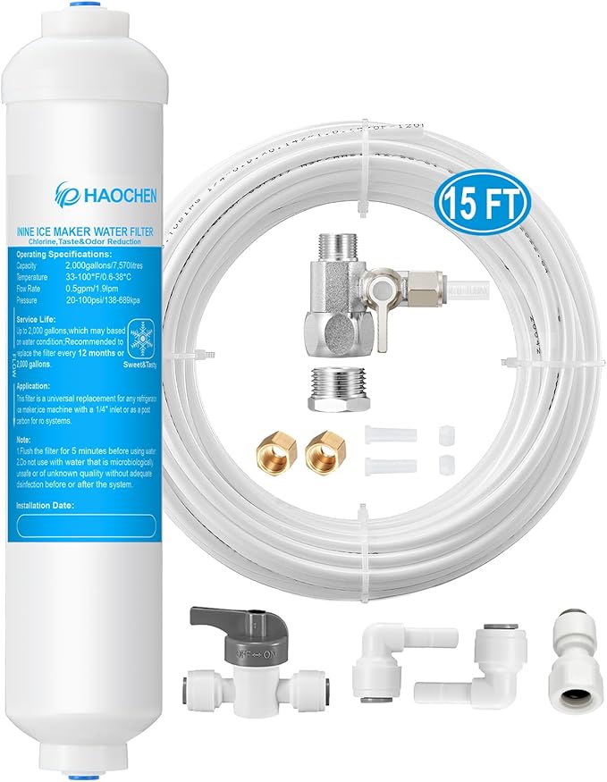 Inline Water Filter Kit for Ice Maker and Refrigerator,Include Feed Water Valve,1/4" Water Line and Quick Connect Fittings,Ideal for Ice Maker,Refrigerator,RO(Reverse Osmosis) System