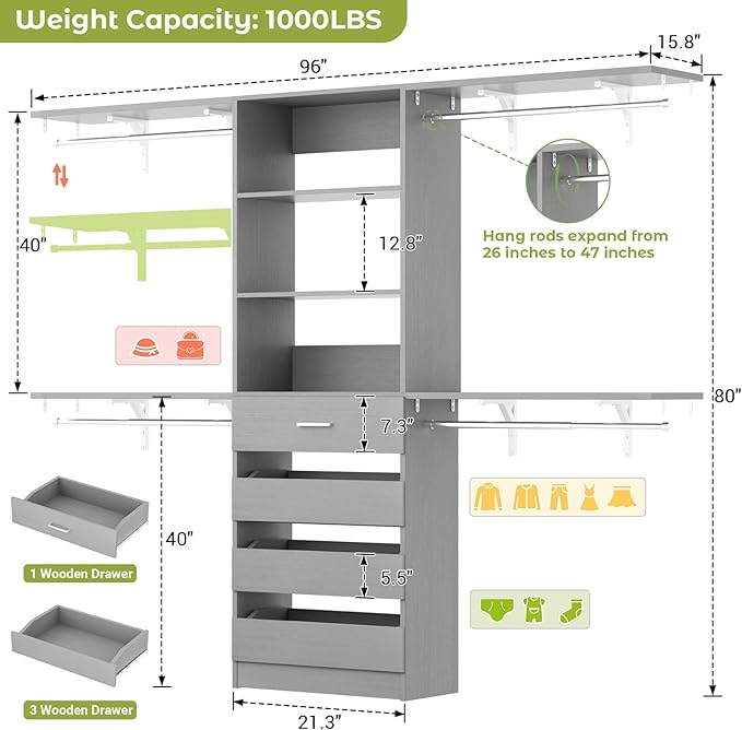 Aheaplus Closet System with 4 Drawers, 8FT Wood Closet Organizer System, 96’’ Closet Built In System Tower with Shelves, Walk-in Closet Wardrobe Clothes Garment Rack, Fits Spaces 4-9 ft, Grey1