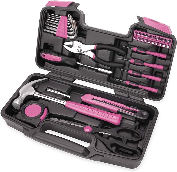 39 Piece All Purpose Basic Household Pink Tool Kit for Women - Small Tool Set with Toolbox Great for Home, Garage, Office and College Dormitory Use