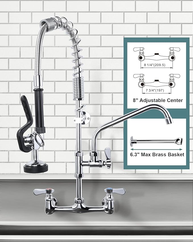 25" Height Commercial Faucet Wall Mount with Sprayer 8" Adjustable Center 9.6" Swing Spout, Kitchen Sink Faucet with Pull Down Pre-Rinse Sprayer for Restaurant Industrial Kitchen, Chrome