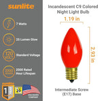 Sunlite Incandescent C9 Colored Night Light Bulb, 7 watts, 120 Volts, Intermediate E17 Screw Base, 2000 Rated Hours, Christmas-Lights Nightlight, Red, 25 Pack