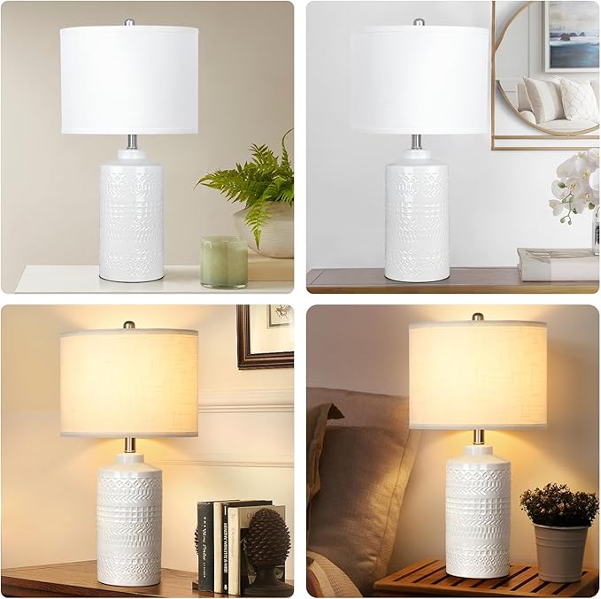 24.5" White Ceramic Table Lamp 3-Way Dimmable Nightstand with White Linen Shade Bedside Lamp for Bedrooms & Living Room Office Reading(Bulb Included)