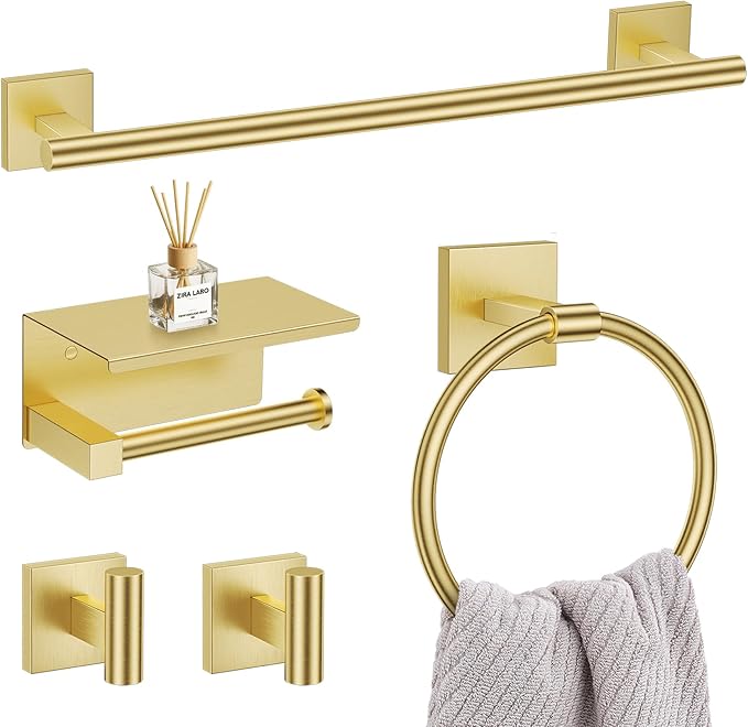 5 Pieces Brushed Gold Bathroom Hardware Set, SUS304 Stainless Steel Bathroom Accessories Set 23.6 inches Towel Bar, Toilet Paper Holder with Shelf, Towel Ring and Two Towel Hooks Wall-Mounted
