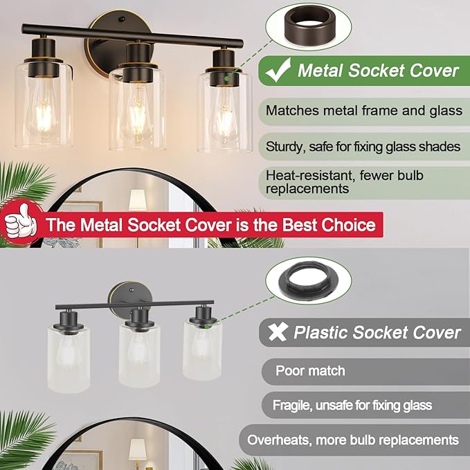 3-Light Bathroom Light Fixtures, Brown and Gold Bathroom Wall Lights, Modern Vanity Light with Clear Glass Shade, Bathroom Wall Lamp for Mirror Hallway Cabinet