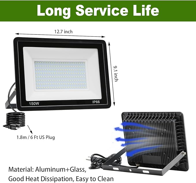 2 Pack 150W LED Flood Light Outdoor,15000LM Work Spotlight with US Plug,6500K Daylight White,IP66 Waterproof Exterior Security Floodlights for Yard,Garden,Backyard,Patio,Stadium,Parking Lot