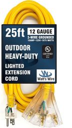 Outdoor Extension Cord Waterproof (25 ft) 12 Gauge Heavy Duty Extension Cord Splitter - Lighted Outdoor Extension Cords with Multiple Outlets - Watts Wire - 25' Grounded - extensiones electricas