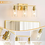 EMONG Gold Bathroom Light Fixtures, 3-Lights Vanity Light with Clear Glass Shade, Brushed Brass Wall Sconce for Hallway, Farmhouse, Living Room