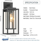 18" Outdoor Wall Light Fixtures Waterproofed Exterior Lantern W/Sturdy Rectangular Double Cage In Satin Black&Clear Tempered Glass,Sconce Mounted For House Patio,Front door,Porch,Garage Lighting 2Pack