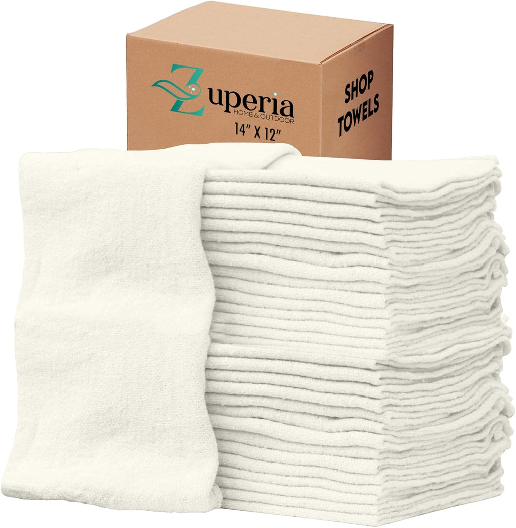 ZUPERIA Cotton Shop Towel – Multipurpose Cleaning Cloths (14" x 12" - Pack of 150 - White) Reusable Shop Rags for Automobiles, Industrial, Restaurants, Garage, and Homes