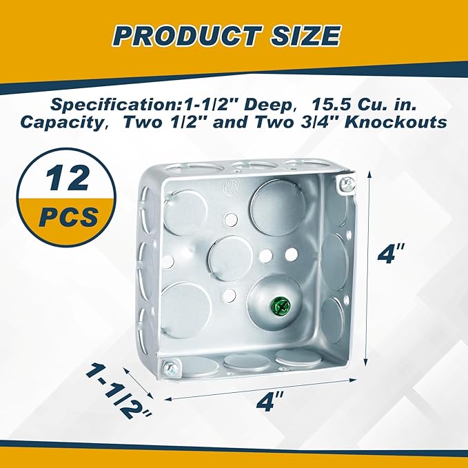 12 Pcs Electrical Box Junction Box Galvanized Steel Metal Electrical Boxes, 1/2'' and 3/4'' Knockouts, Drawn Construction, Silver (4 x 4 Inch,Square)