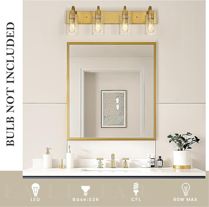 Emliviar 30 Inch Gold Vanity Light, 4-Light Bathroom Light Fixtures with Clear Glass Shade, Brushed Gold Finish, YCE237B-4W BG