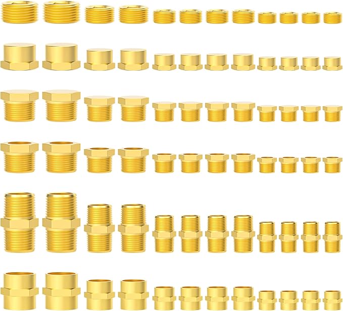 GASHER Brass Pipe Fittings Assortment Kit, Hex Nipple,Reducer Bushing,Reducing Hex Coupling,Hex Heand Plug,End Cap and Socket Plug(72Pcs)