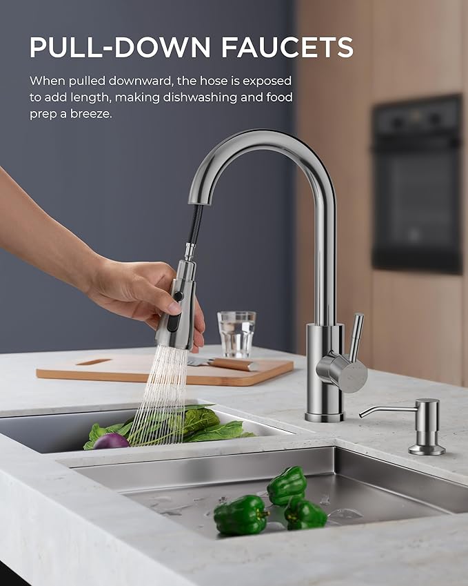 FORIOUS Kitchen Faucet with Soap Dispenser Chrome, Single Handle Stainless Steel Transitional Sink Faucet with Pull Down Sprayer 1 or 3 Hole, Suitable for Farmhouse Laundry Camper RV Bar