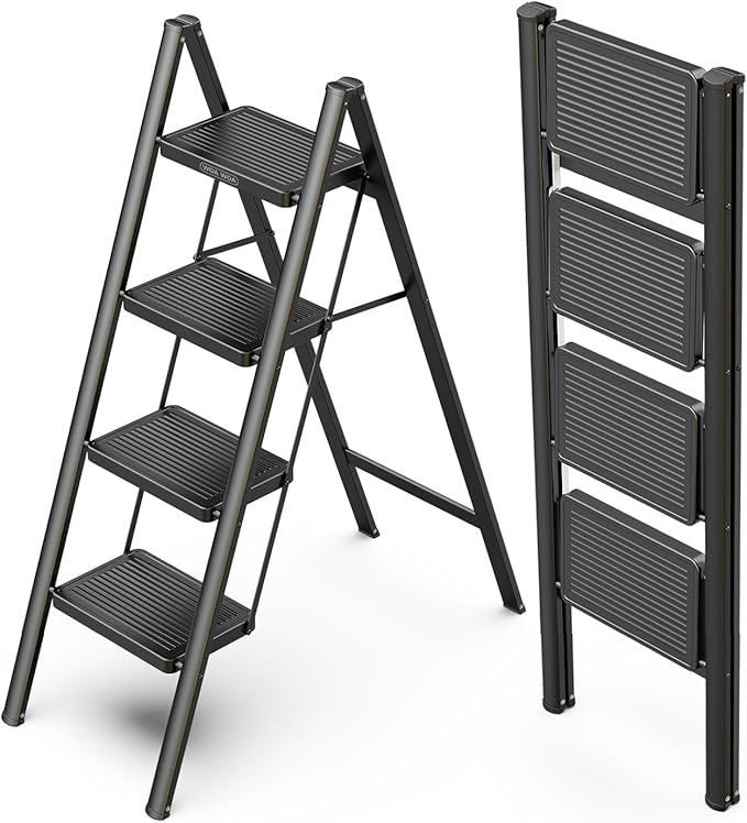 WOA WOA 4 Step Ladder, Folding Step Stool with Non-Slip Pedals, Portable Stepping Stool Household, Sturdy Steel Ladder, Space Saving for Kitchen, Anti Skid Feet, Support 330lbs - Black