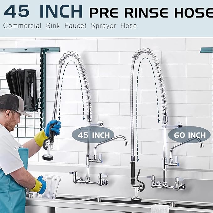 Spray Valve with 45” Commercial Sink Sprayer Hose and Pre Rinse Spring, Pre Rinse Sprayer with Flexible Stainless Steel Hose & Spring Assembly for Commercial Kitchen Faucets (Black)