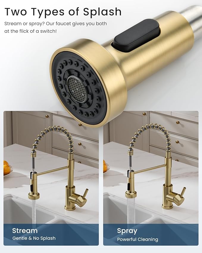 APPASO Gold Kitchen Faucet with Pull Down Sprayer, Brushed Gold Kitchen Sink Faucets 18 Inches Commercial Single Handle High Arc Faucet for Sink, Stainless Steel Kitchen Faucet for Sink 1 or 3 Holes