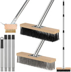 3-in-1 Deck Brush Kit Include Stainless Steel Wire Broom Brush with Long Handle, Floor Scrubber Brush & Crack Weeder Tool for Cleaning Outdoor Broom, Concrete, Garage, Patio, Swimming Pool