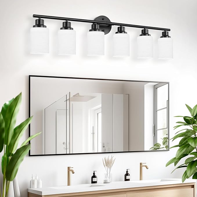 6-Light Bathroom Light Fixtures, Vanity Lights for Mirror with Textured Milky White Glass Shade, E26 Base Modern Kitchen Light Fixtures Wall Sconce Light - Black