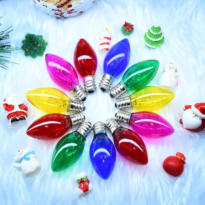 25 Pack Multi-color C7 Replacement Christmas Light Bulbs Vintage Colorful Light Bulbs, for Xmas C7 String Lights Replacement Bulbs & Christmas Tree Home Party Yard Color Bulb Decor, E12 Base, 5W