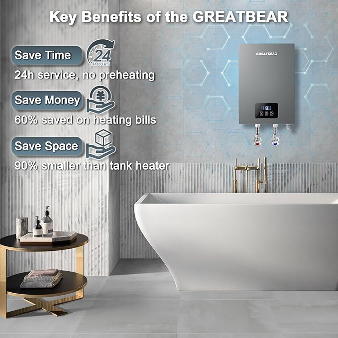 Electric Tankless Water Heater, GREATBEAR 14KW On Demand Water Heater Electric 240V, Point of Use Instant Hot Water Heaters, With Self Modulating ECO130G Gray