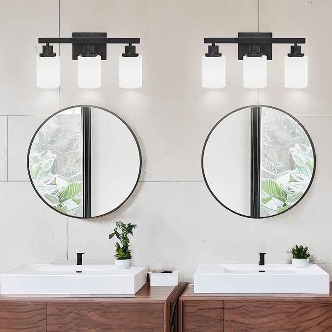 3-Light Bathroom Light Fixtures Over Mirror, Modern Matte Black Vanity Lights with White Frosted Glass Shade, Bathroom Wall Lamp Sconces for Mirror Bedroom, Living Room Hallway