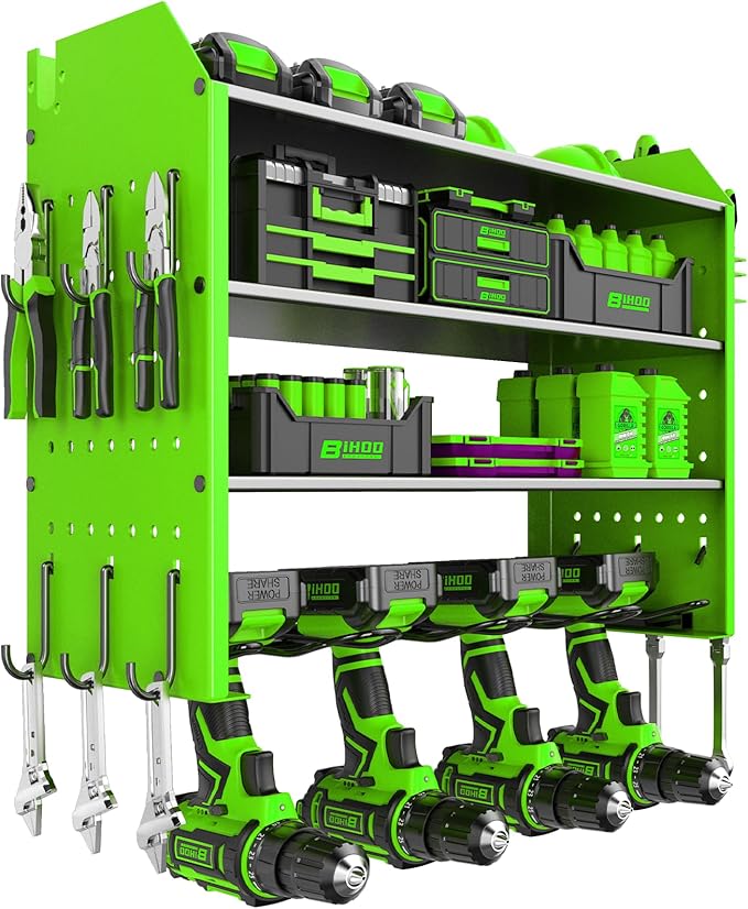 Power Tool Organizer Wall Mount, 4 Tier Tool Organizer For Space Saving,Used For Electric Drills, Saws And Toolbox Parts, Wall Hooks