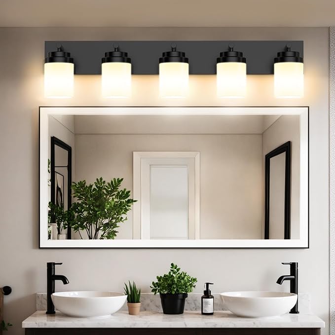 IZORRO Bathroom Vanity Light Fixture, 5-Light 36 Inch Matte Black Bathroom Light Fixtures Over Mirror, with White Glass Shade, Modern Farmhouse Vanity Lights, Rustic Restroom Lighting Fixtures
