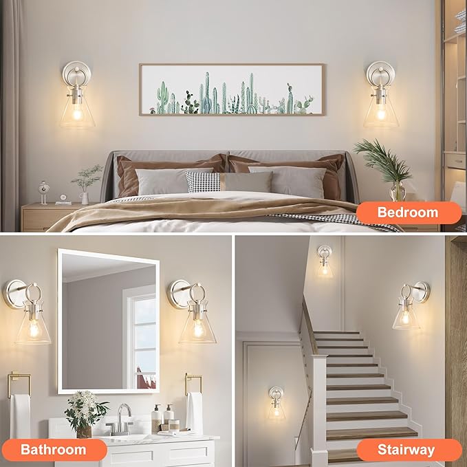 Wall Sconces 2 Pack Modern Vanity Light Fixtures for Bathroom Nickel Wall Mount Lighting Lamp Hardwired Farmhouse Wall Lights with 6 Inch Clear Glass Shade for Bedroom Living Room Mirror