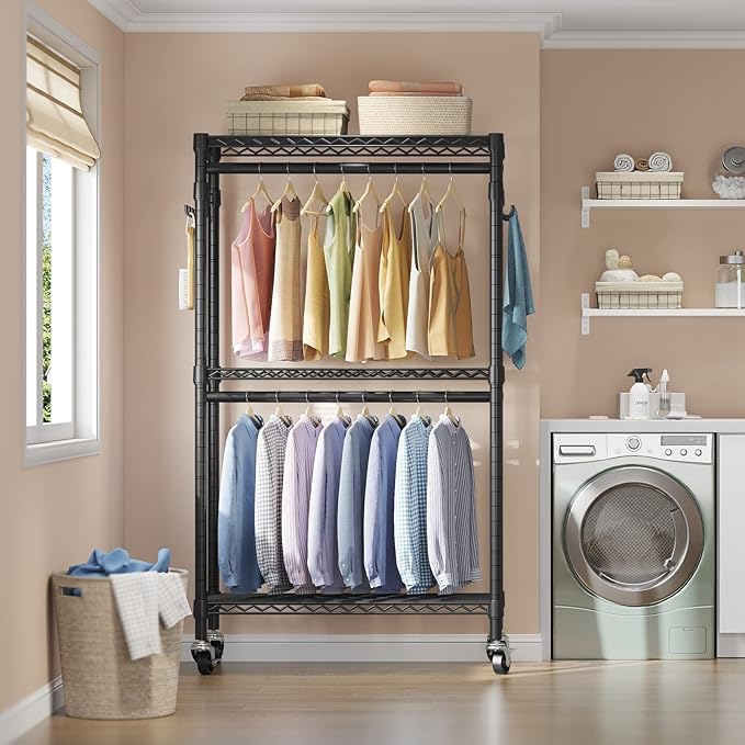 VIPEK R2 Medium Rolling Clothes Rack Heavy Duty Clothing Rack for Hanging Clothes Adjustable Metal Wire Shelving Portable Closet with Wheels Side Hooks, Freestanding Closet Wardrobe, Black