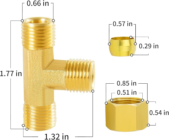 ChillWaves Brass Tee Compression Tube Fitting, 1/2" OD x 1/2" OD x 1/2" OD Compression Union Connector(2-PACK)