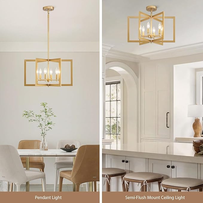 Gold Chandelier Modern Geometric 6-Light, Farmhouse Dining Room Light Fixture Over Table Kitchen Island Lighting Fixtures Metal Hanging Pendant Lighting, E12
