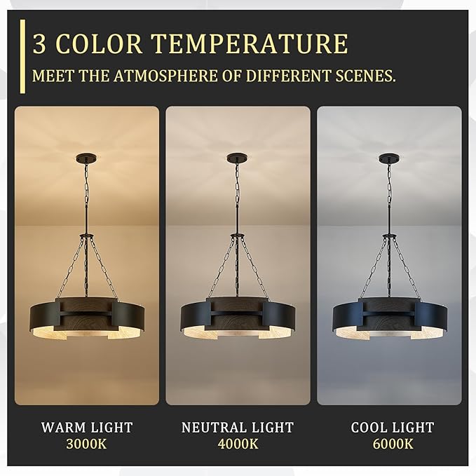 Modern Chandelier 24" Industrial Drum Light Fixture Black Metal 6-Light Hanging Chandelier Walnut Wood Grain for Living Dining Room Foyer Entryway Kitchen
