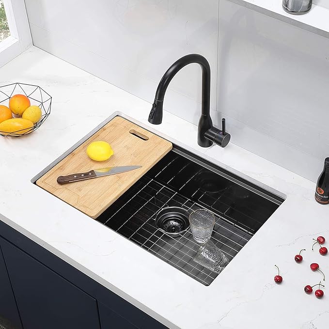 SHACO 33 Inch Black Undermount Kitchen Sink, 33x19 Gunmetal Black Stainless Steel Workstation Single Bowl Basin Wet Prep Undermount Kitchen Sink with Cutting Board